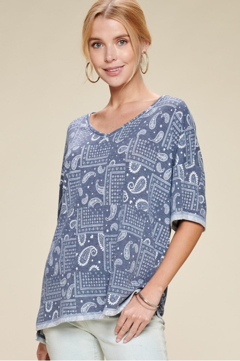 Oddi Paisley Printed French Terry Knit Western Top — Dark Navy V-Neck with Hi-Low Hem - Rooted & Reckless Co.