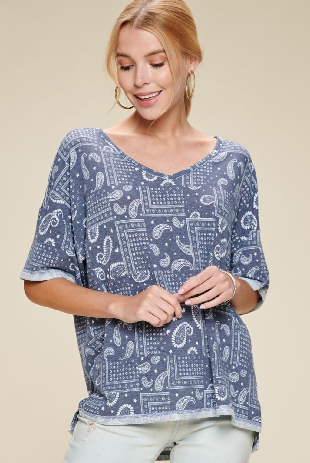 Oddi Paisley Printed French Terry Knit Western Top — Dark Navy V-Neck with Hi-Low Hem - Rooted & Reckless Co.