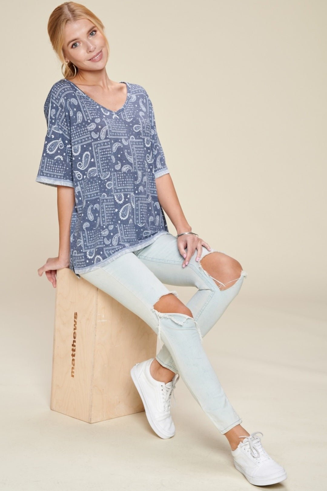 Oddi Paisley Printed French Terry Knit Western Top — Dark Navy V-Neck with Hi-Low Hem - Rooted & Reckless Co.