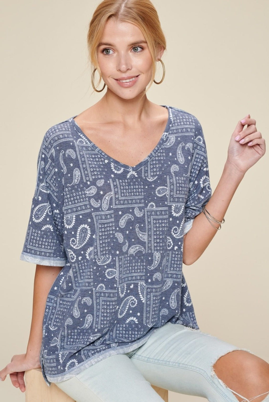 Oddi Paisley Printed French Terry Knit Western Top — Dark Navy V-Neck with Hi-Low Hem - Rooted & Reckless Co.