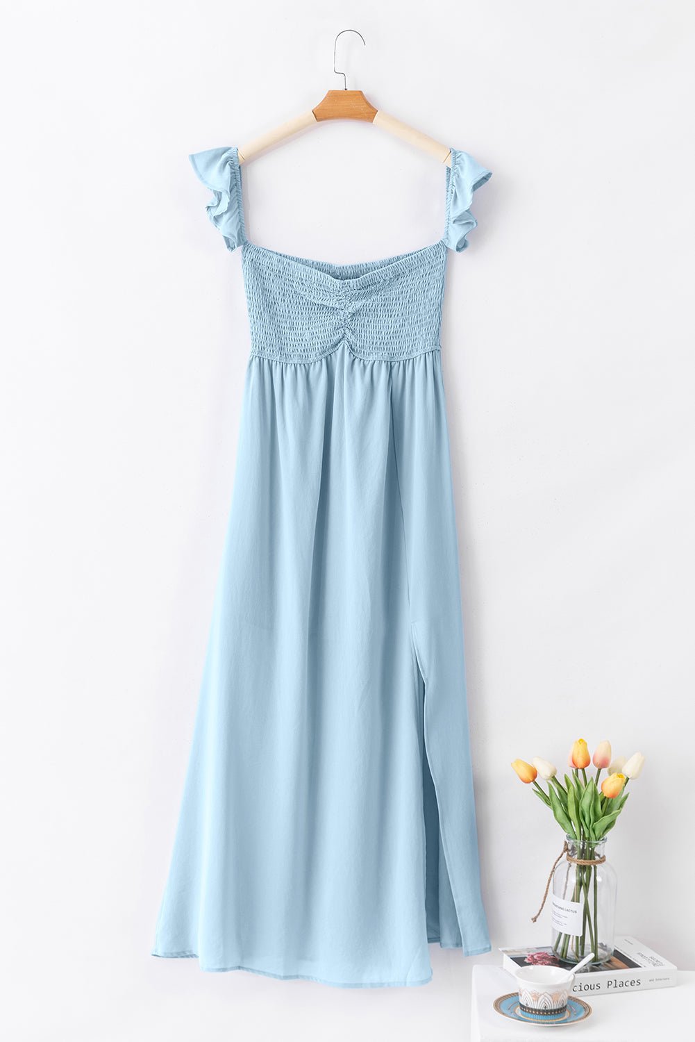 Off Shoulder Ruched Bust Sheer Slit Maxi Dress - Rooted & Reckless Co.