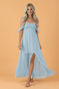 Off Shoulder Ruched Bust Sheer Slit Maxi Dress - Rooted & Reckless Co.