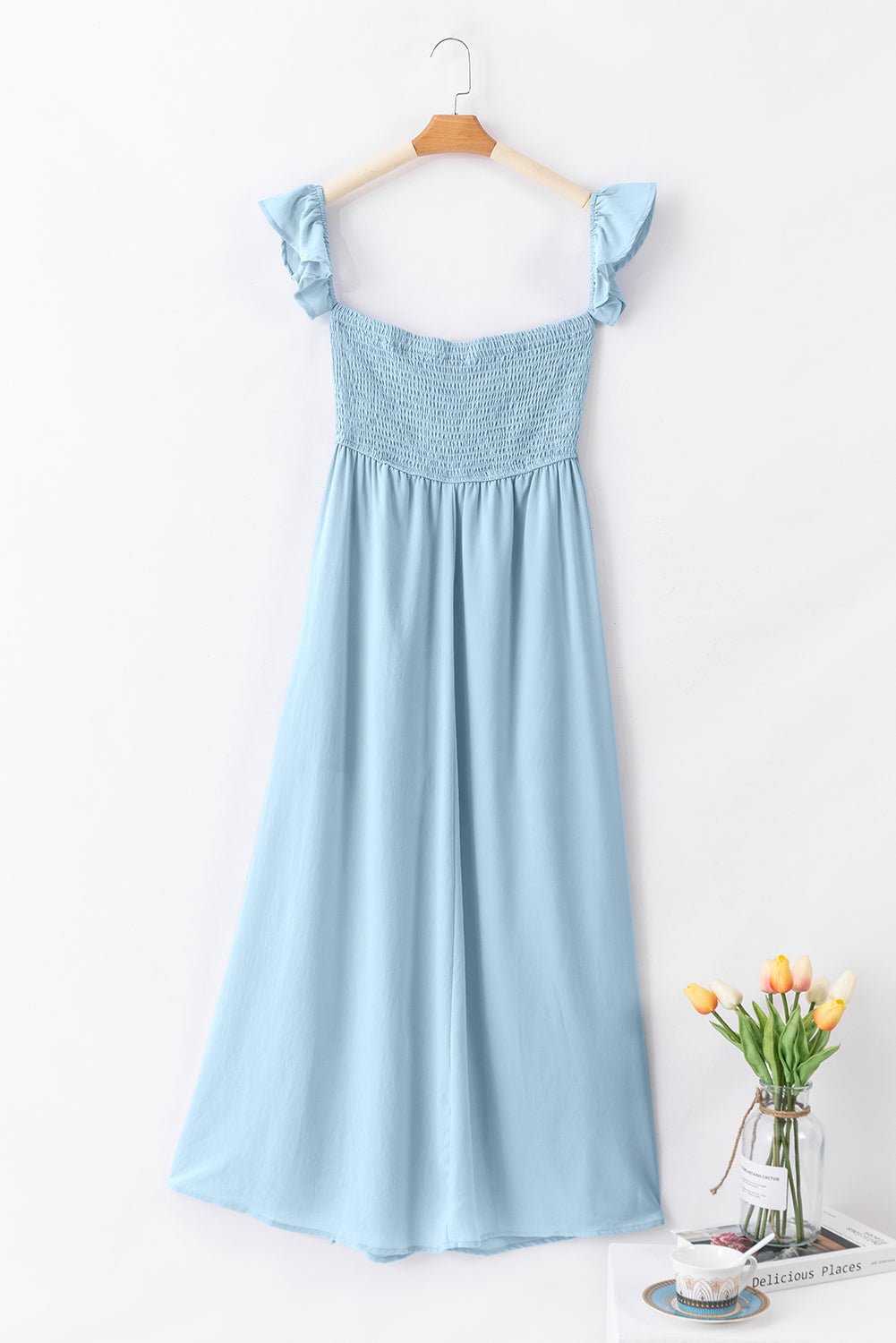 Off Shoulder Ruched Bust Sheer Slit Maxi Dress - Rooted & Reckless Co.