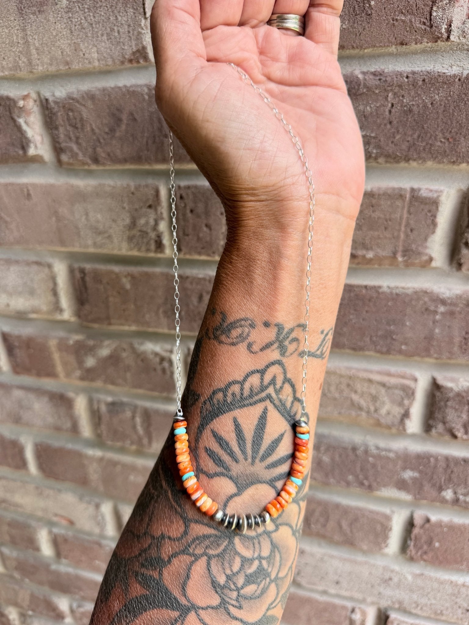 Orange Spiny, Turquoise and Sterling Pearl Chain Necklace - Rooted & Reckless Co.