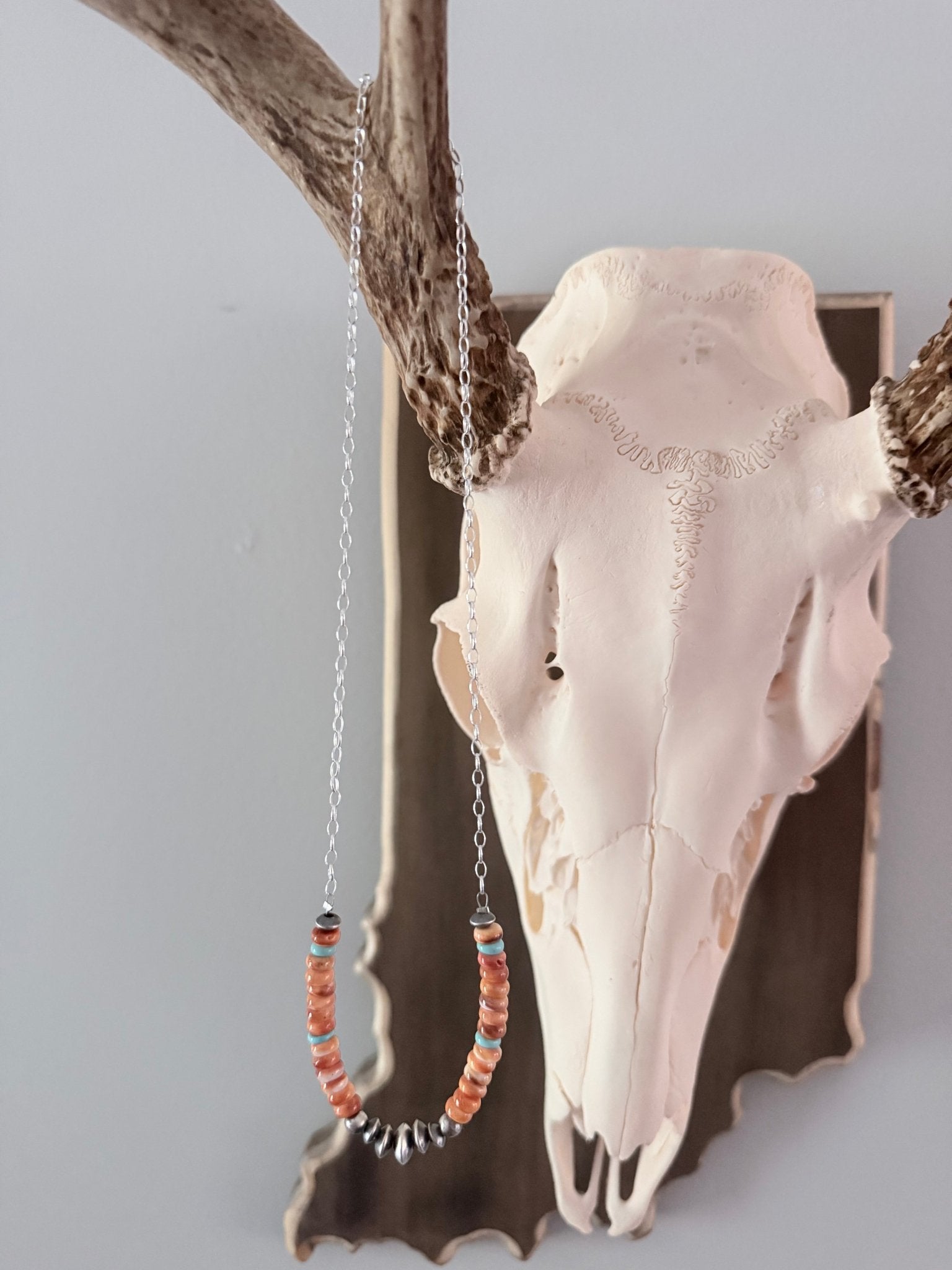 Orange Spiny, Turquoise and Sterling Pearl Chain Necklace - Rooted & Reckless Co.