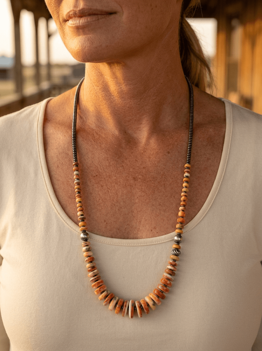 Orange & Turquoise Graduated Necklace with Sterling Silver Pearl Accents — 22 inch - Rooted & Reckless Co.
