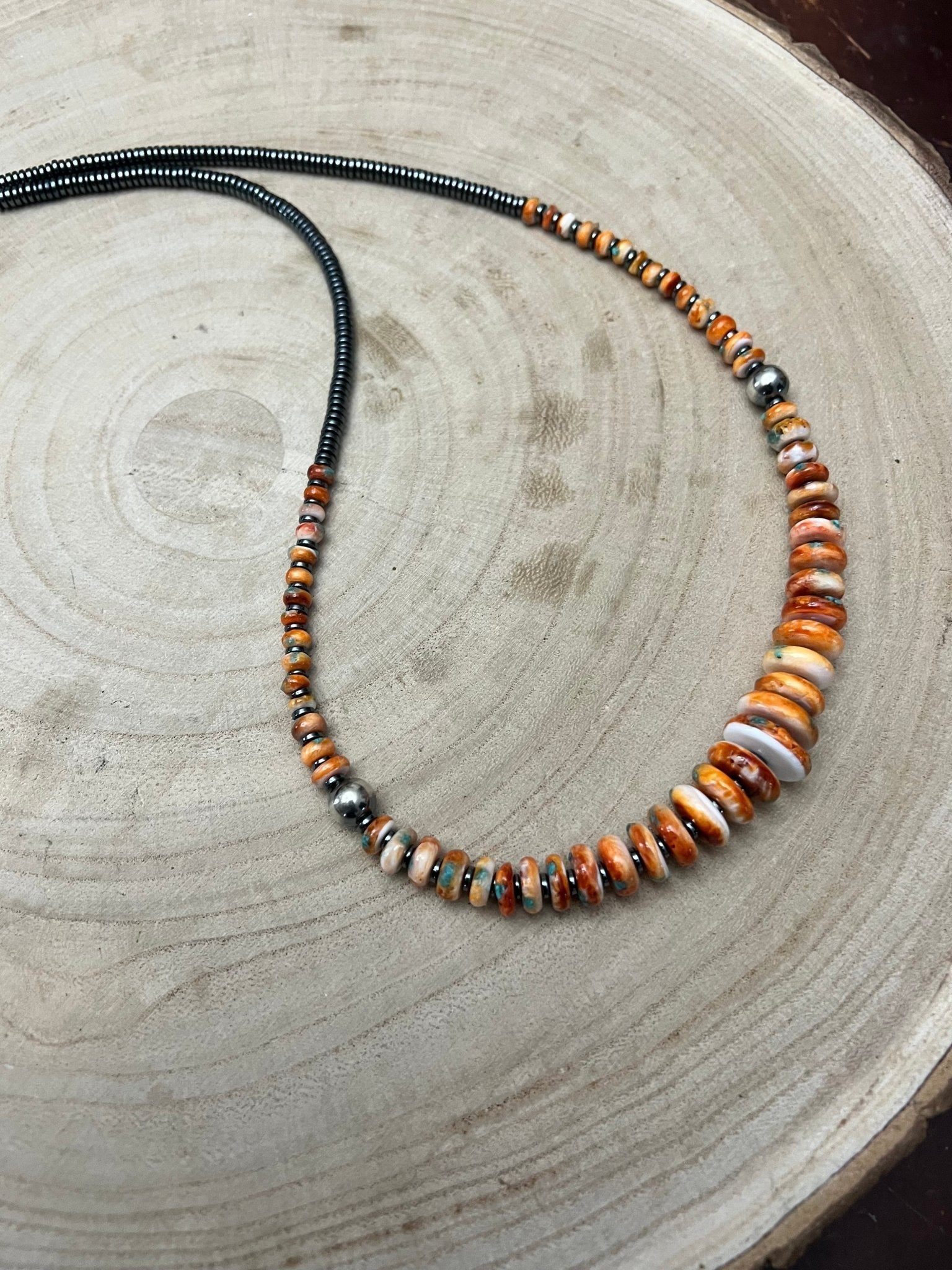 Orange & Turquoise Graduated Necklace with Sterling Silver Pearl Accents — 22 inch - Rooted & Reckless Co.