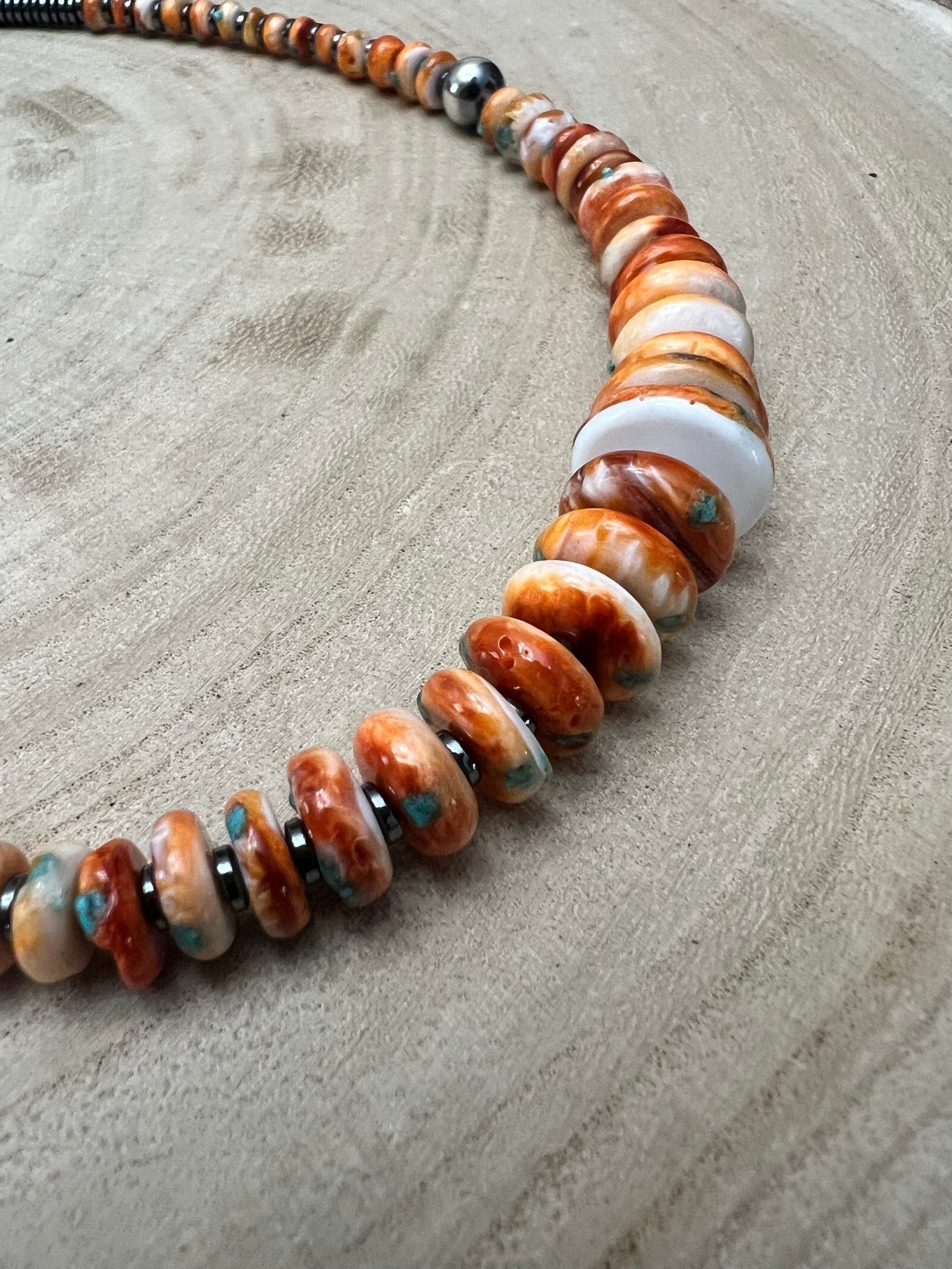 Orange & Turquoise Graduated Necklace with Sterling Silver Pearl Accents — 22 inch - Rooted & Reckless Co.