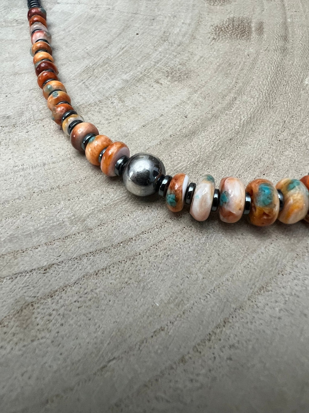 Orange & Turquoise Graduated Necklace with Sterling Silver Pearl Accents — 22 inch - Rooted & Reckless Co.