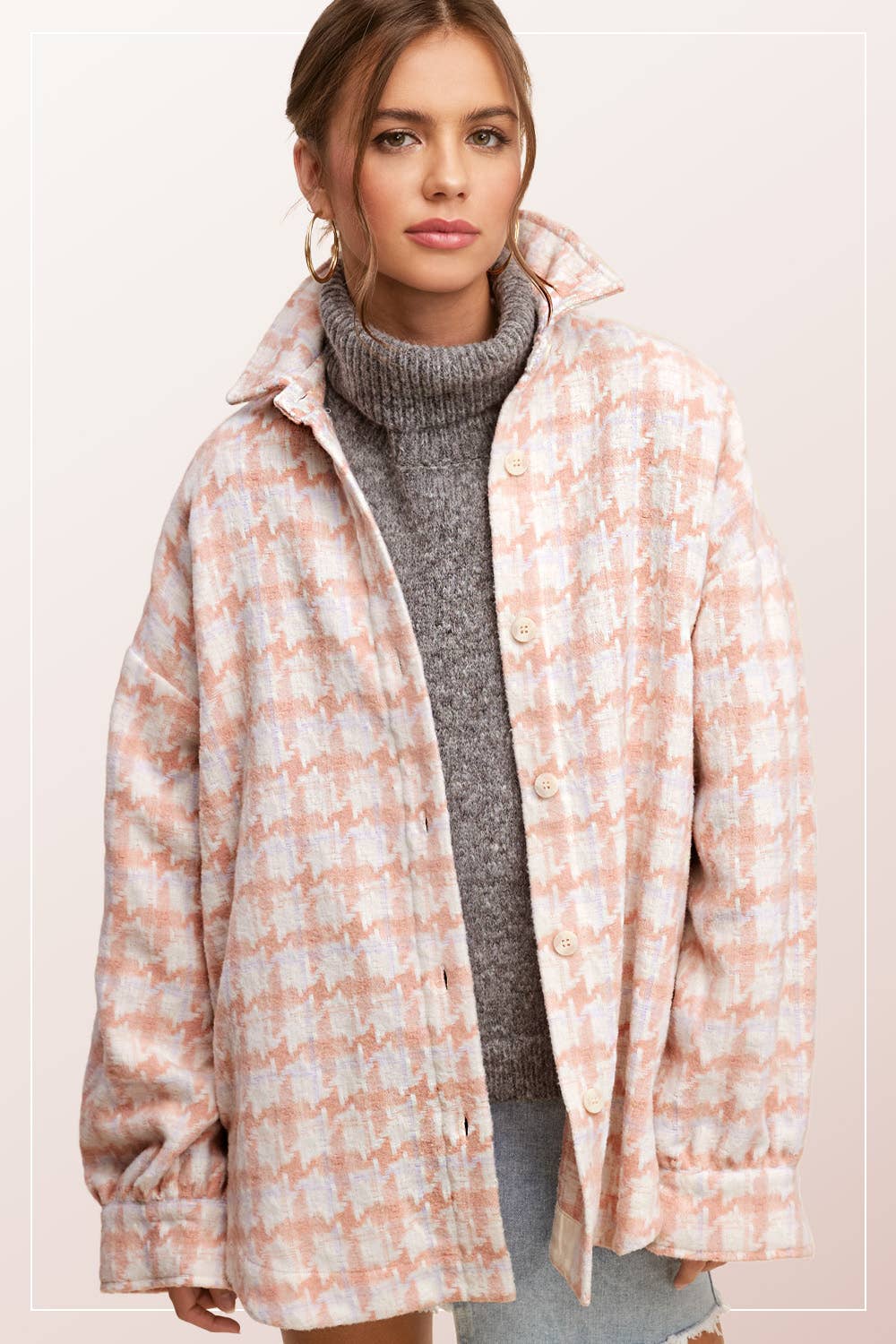 Oversized Houndstooth Patterned Soft Brushed Shacket - small remaining - Rooted & Reckless Co.