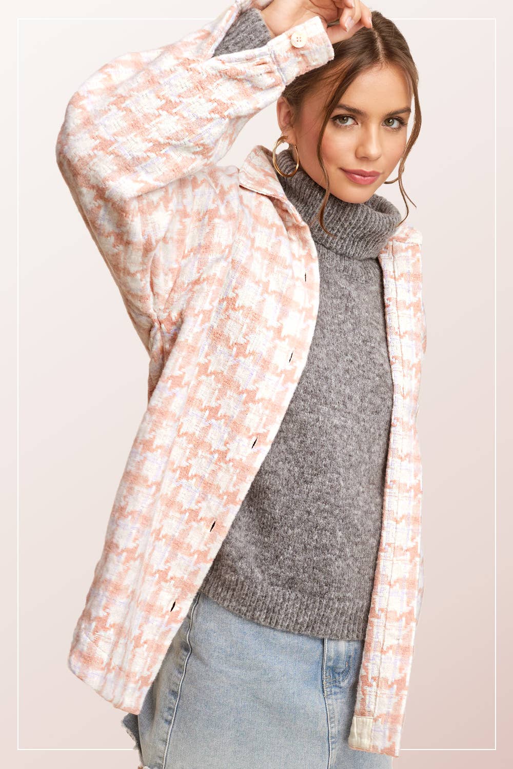 Oversized Houndstooth Patterned Soft Brushed Shacket - small remaining - Rooted & Reckless Co.