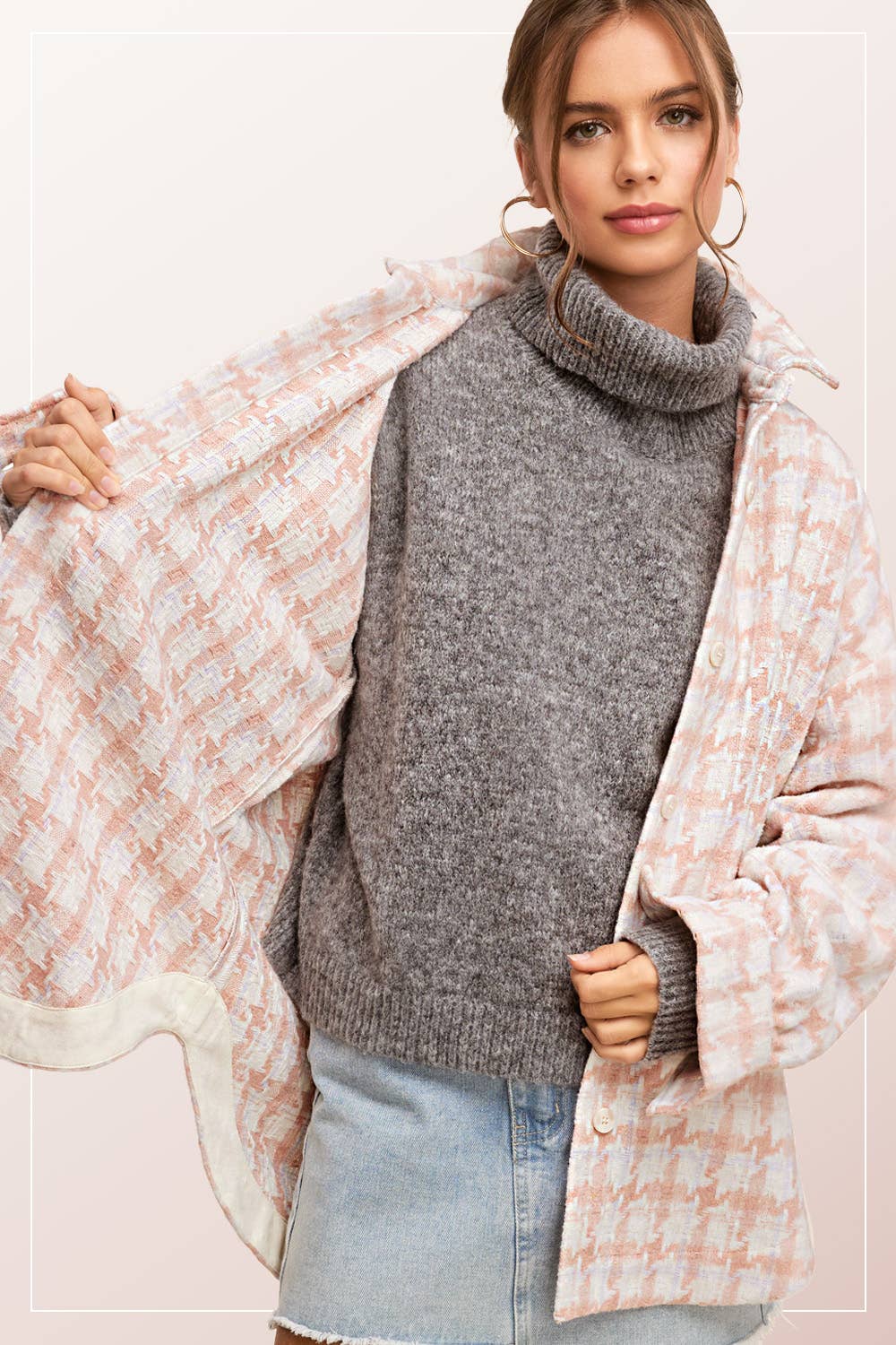 Oversized Houndstooth Patterned Soft Brushed Shacket - small remaining - Rooted & Reckless Co.