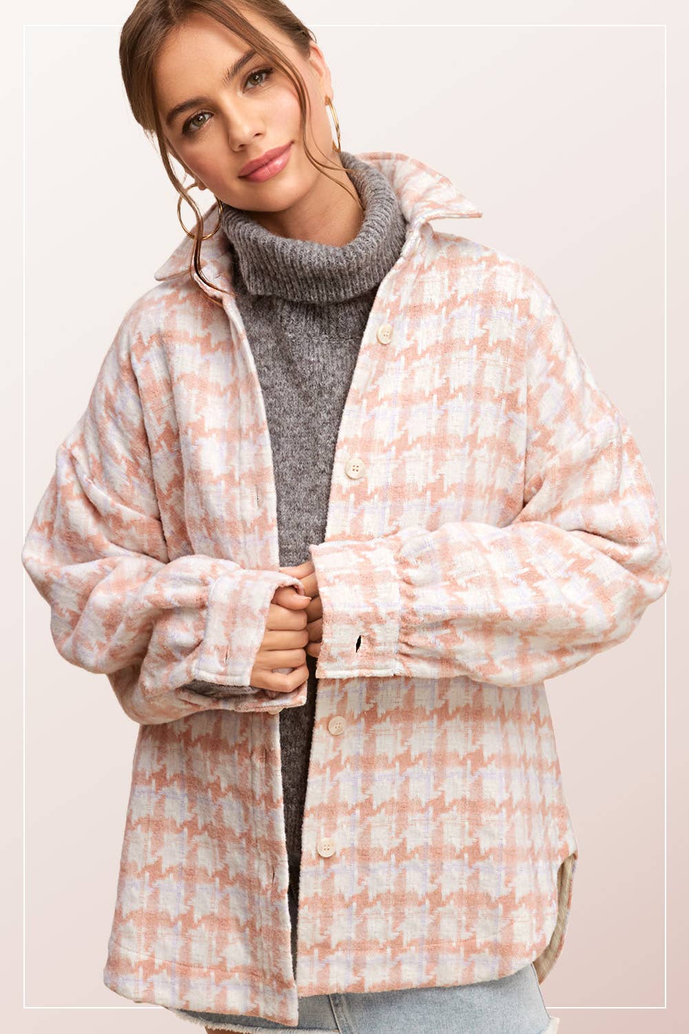 Oversized Houndstooth Patterned Soft Brushed Shacket - small remaining - Rooted & Reckless Co.