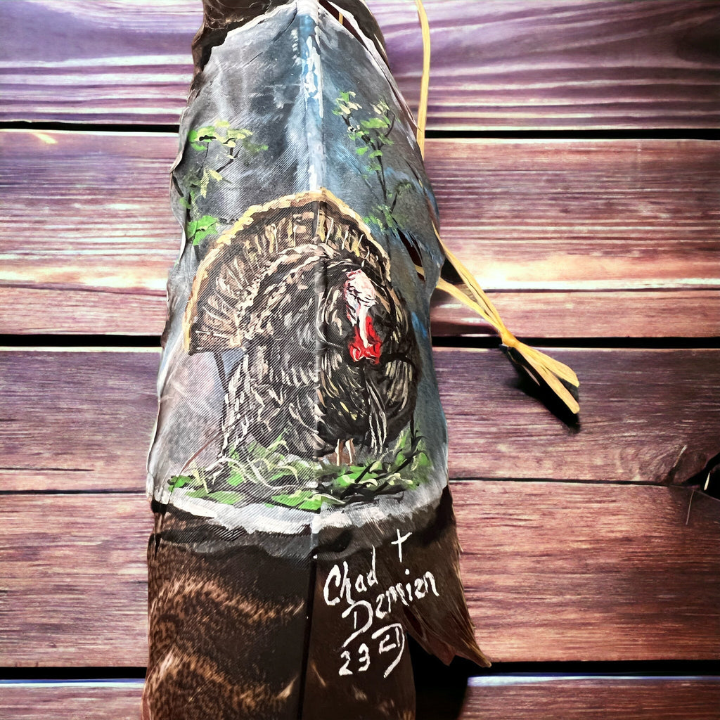 Painted hat feather by Chad Demien - Wild turkey - Rooted & Reckless Co.