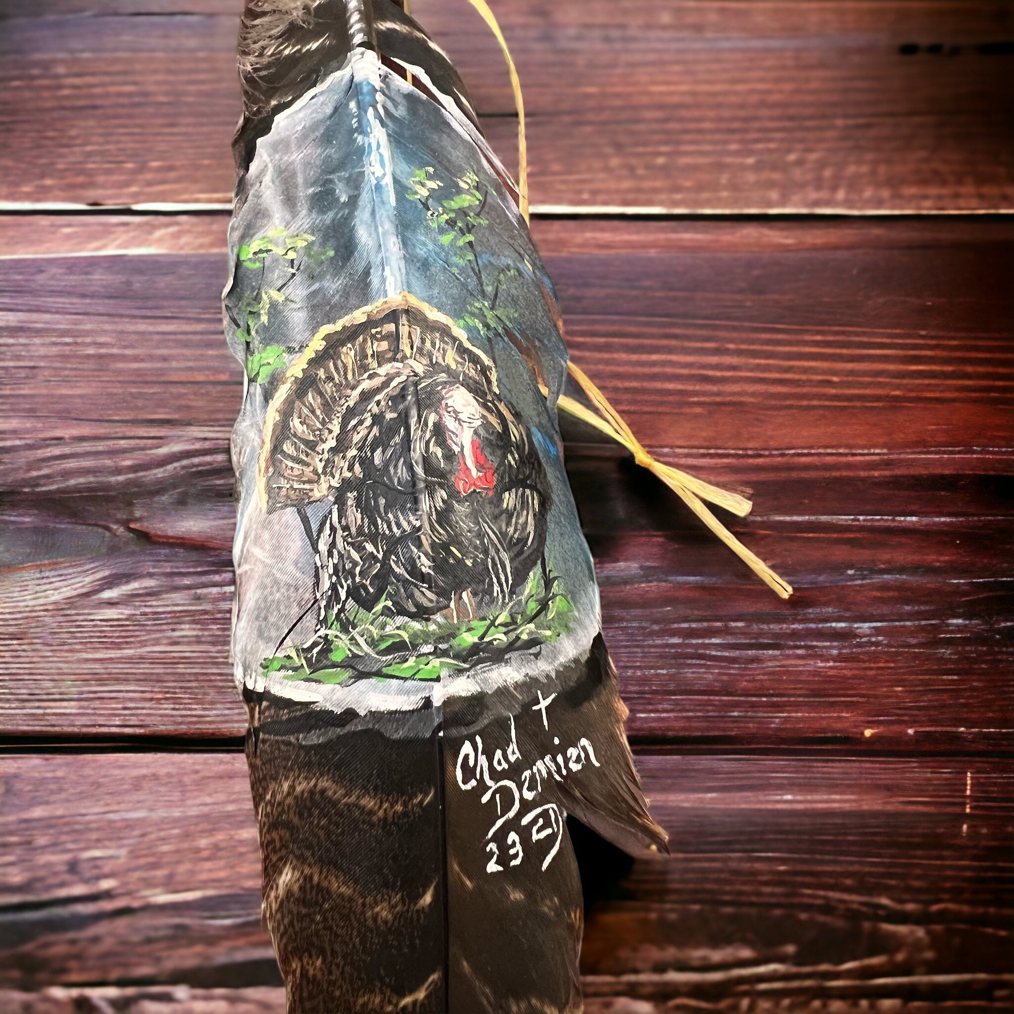 Painted hat feather by Chad Demien - Wild turkey - Rooted & Reckless Co.