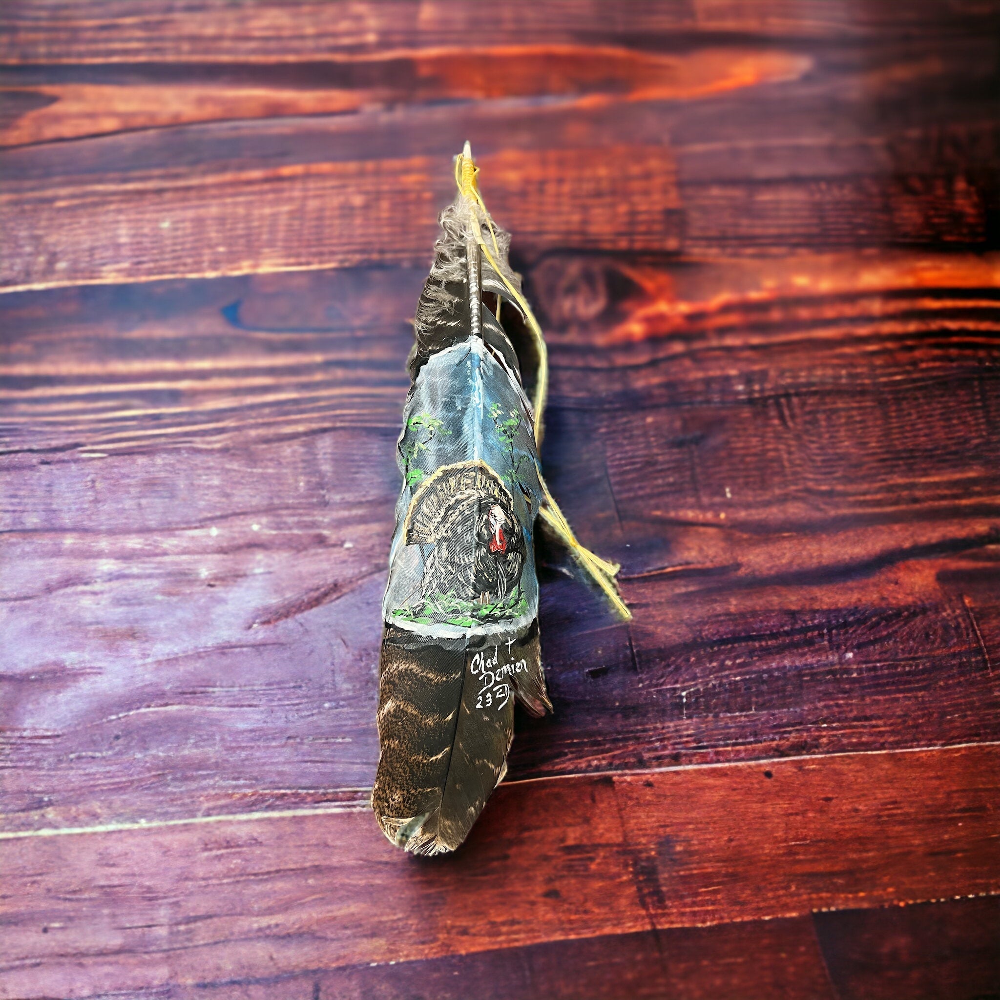 Painted hat feather by Chad Demien - Wild turkey - Rooted & Reckless Co.