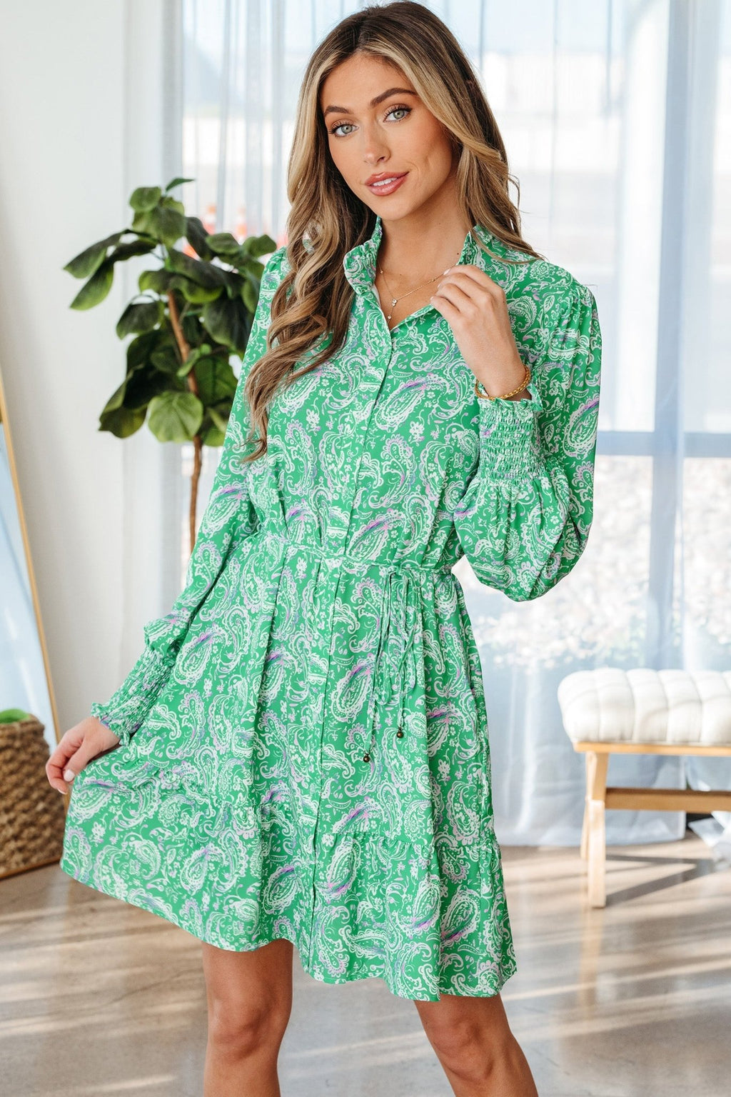 Paisley Button-Front Tied Waist Mini Dress - Rooted & Reckless Co.