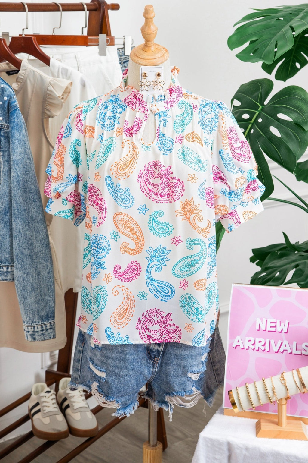 Paisley Button Keyhole Puff Sleeve Blouse - Rooted & Reckless Co.
