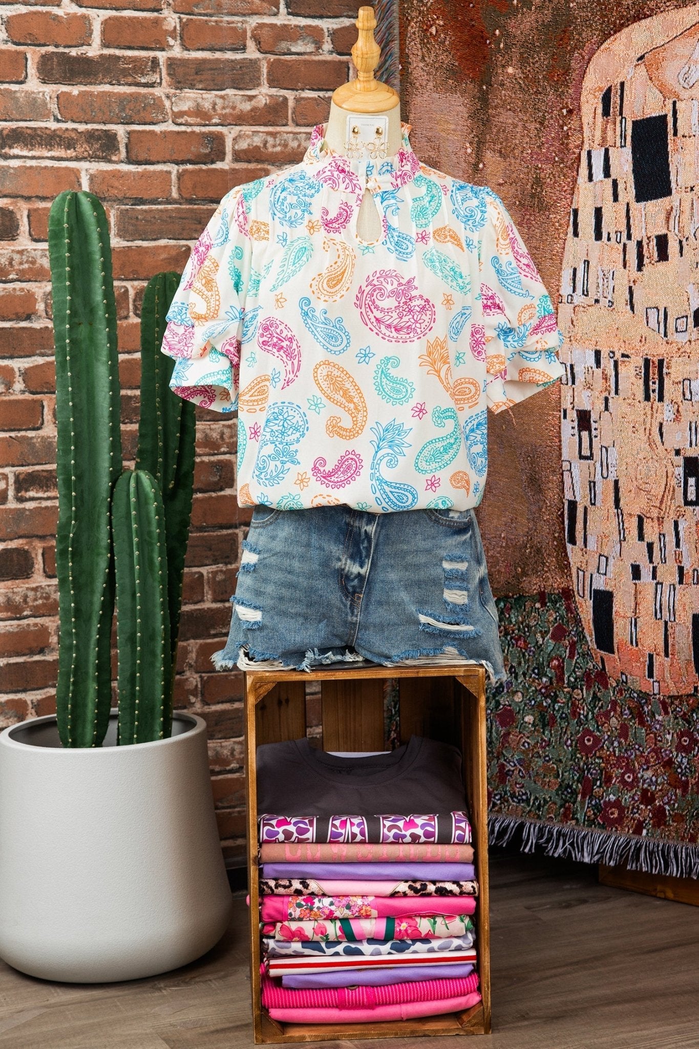 Paisley Button Keyhole Puff Sleeve Blouse - Rooted & Reckless Co.