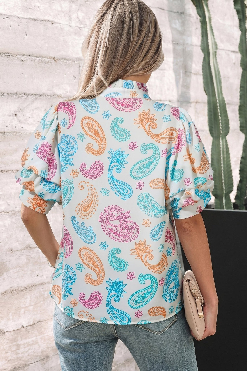 Paisley Button Keyhole Puff Sleeve Blouse - Rooted & Reckless Co.