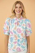 Paisley Button Keyhole Puff Sleeve Blouse - Rooted & Reckless Co.