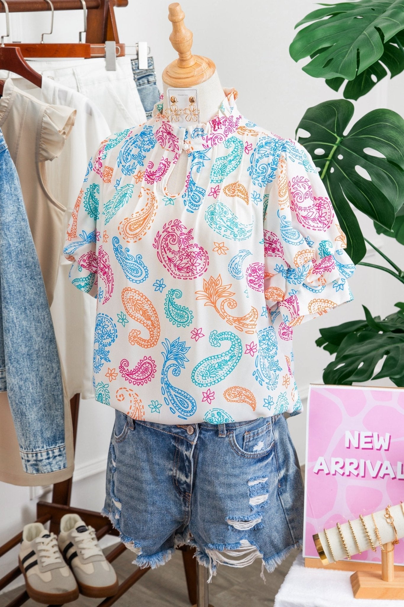 Paisley Button Keyhole Puff Sleeve Blouse - Rooted & Reckless Co.