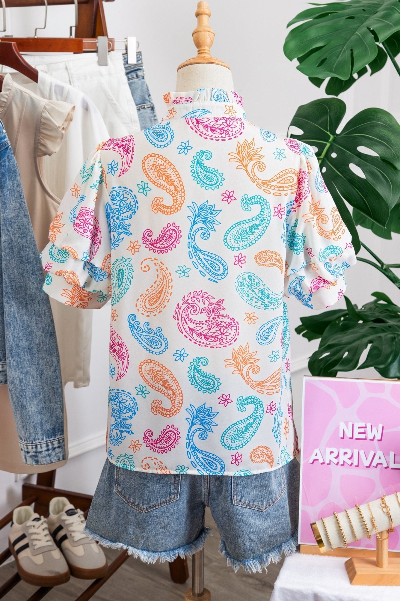 Paisley Button Keyhole Puff Sleeve Blouse - Rooted & Reckless Co.