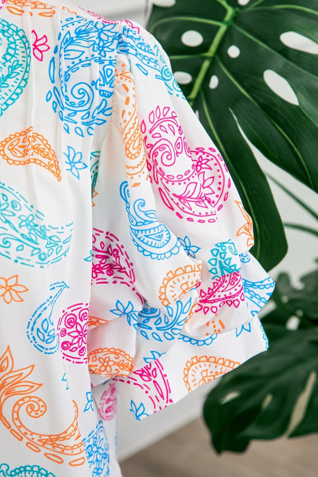 Paisley Button Keyhole Puff Sleeve Blouse - Rooted & Reckless Co.