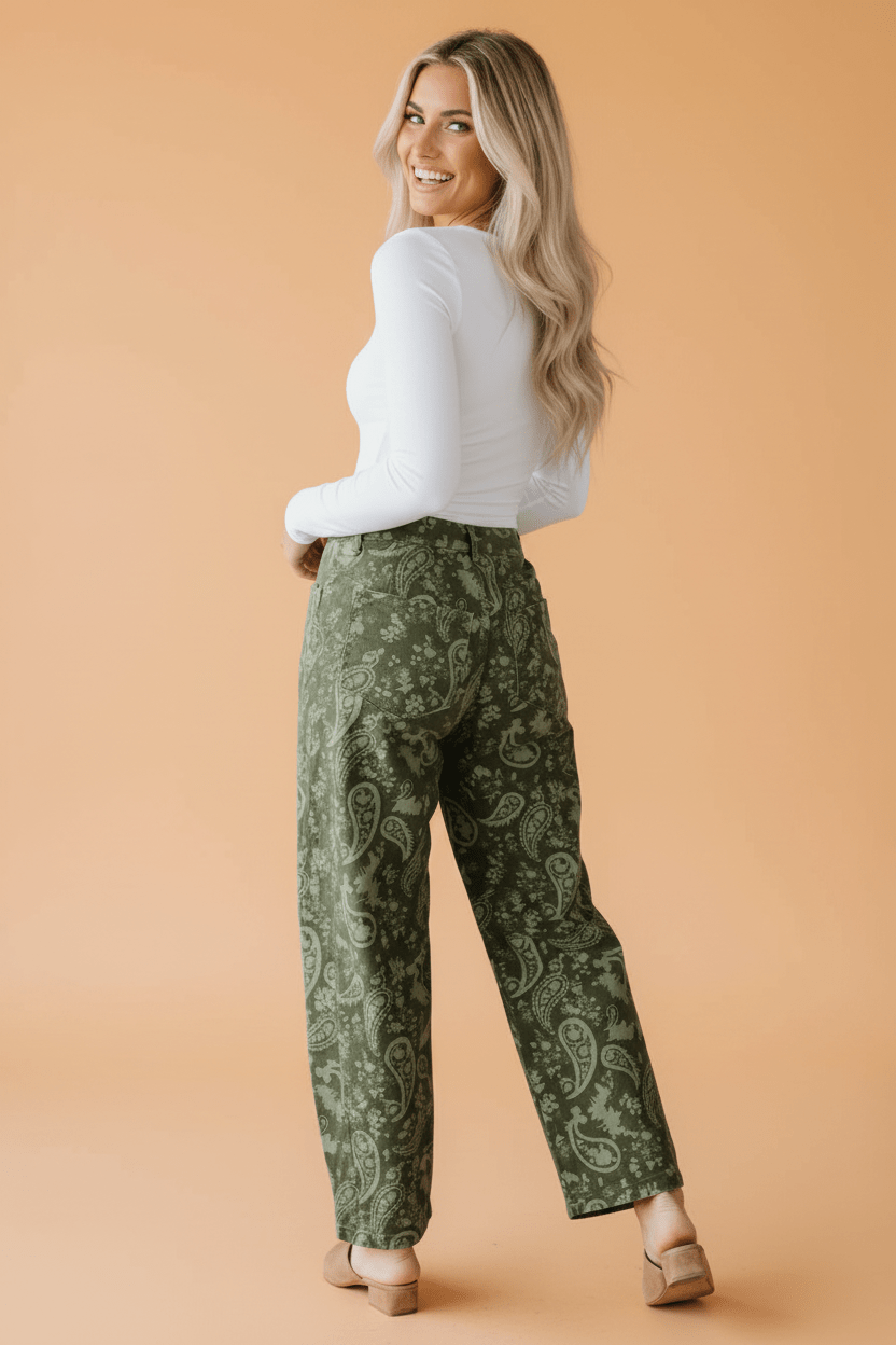 Paisley Denim High Waist Barrel Leg Pants - Rooted & Reckless Co.