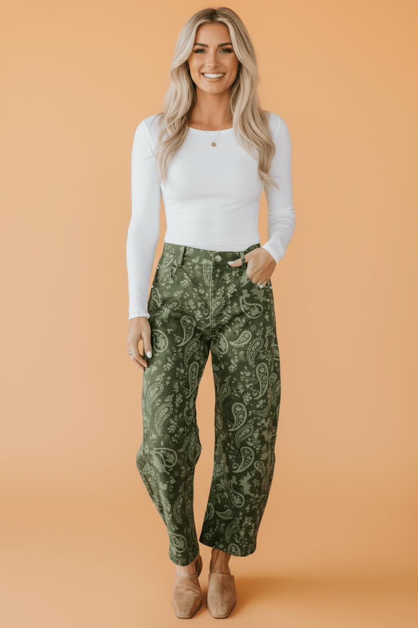 Paisley Denim High Waist Barrel Leg Pants - Rooted & Reckless Co.