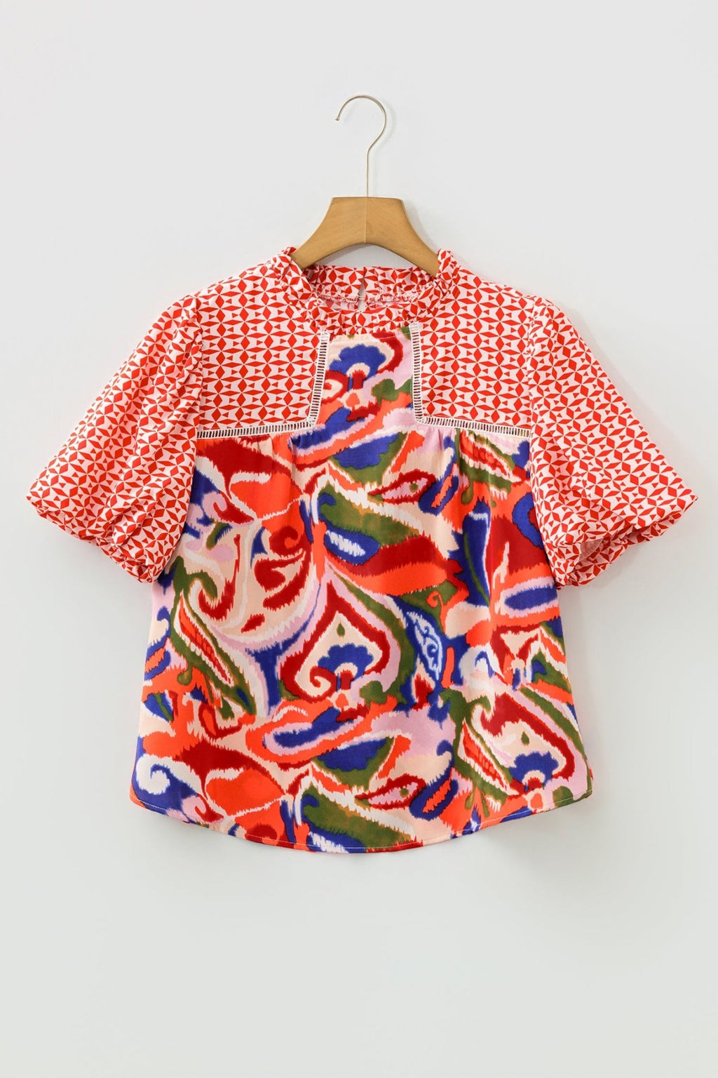 Paisley Geometric Patchwork Puff Sleeve Blouse - Rooted & Reckless Co.