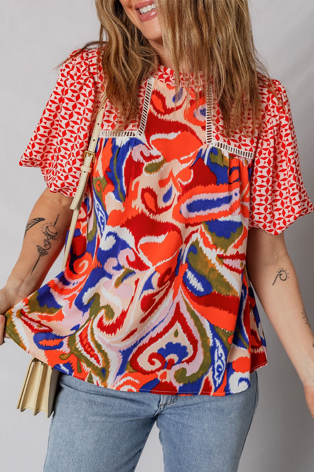Paisley Geometric Patchwork Puff Sleeve Blouse - Rooted & Reckless Co.