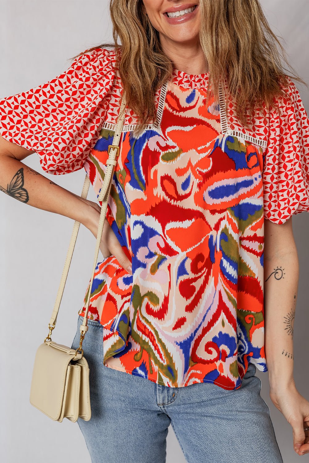 Paisley Geometric Patchwork Puff Sleeve Blouse - Rooted & Reckless Co.