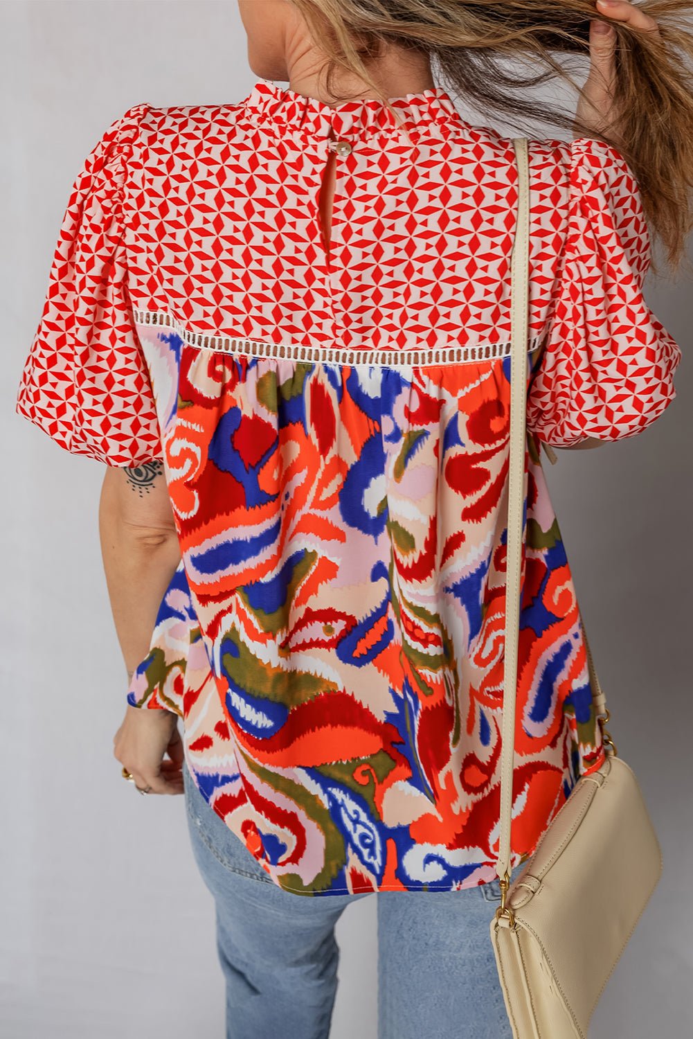 Paisley Geometric Patchwork Puff Sleeve Blouse - Rooted & Reckless Co.
