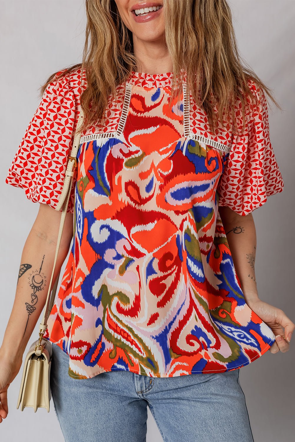 Paisley Geometric Patchwork Puff Sleeve Blouse - Rooted & Reckless Co.