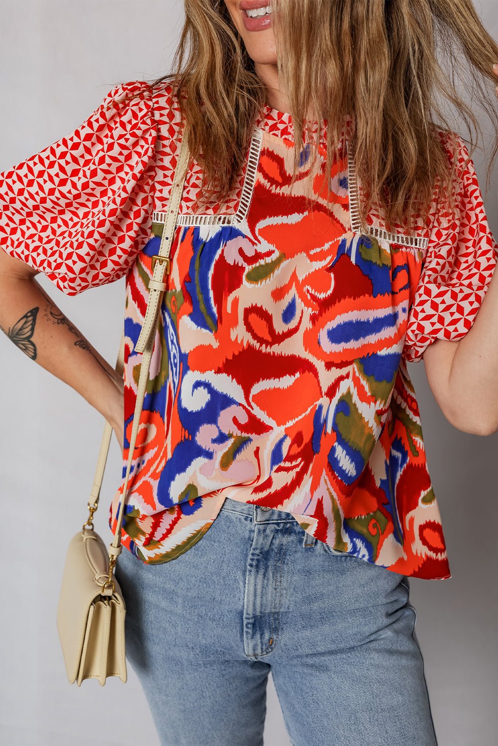 Paisley Geometric Patchwork Puff Sleeve Blouse - Rooted & Reckless Co.