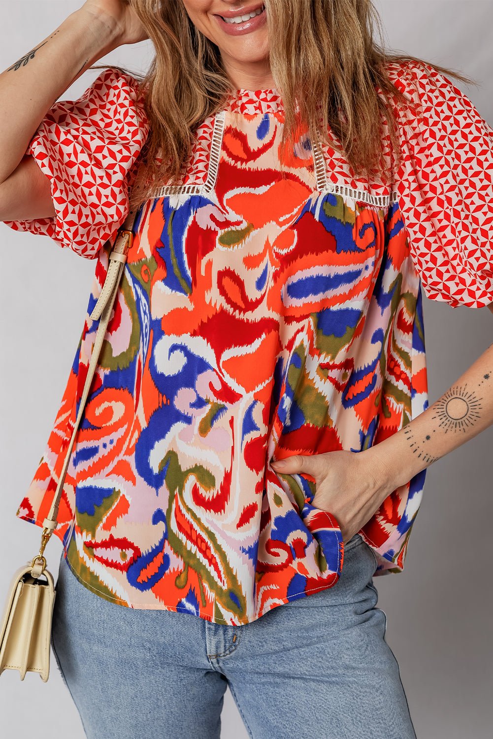 Paisley Geometric Patchwork Puff Sleeve Blouse - Rooted & Reckless Co.