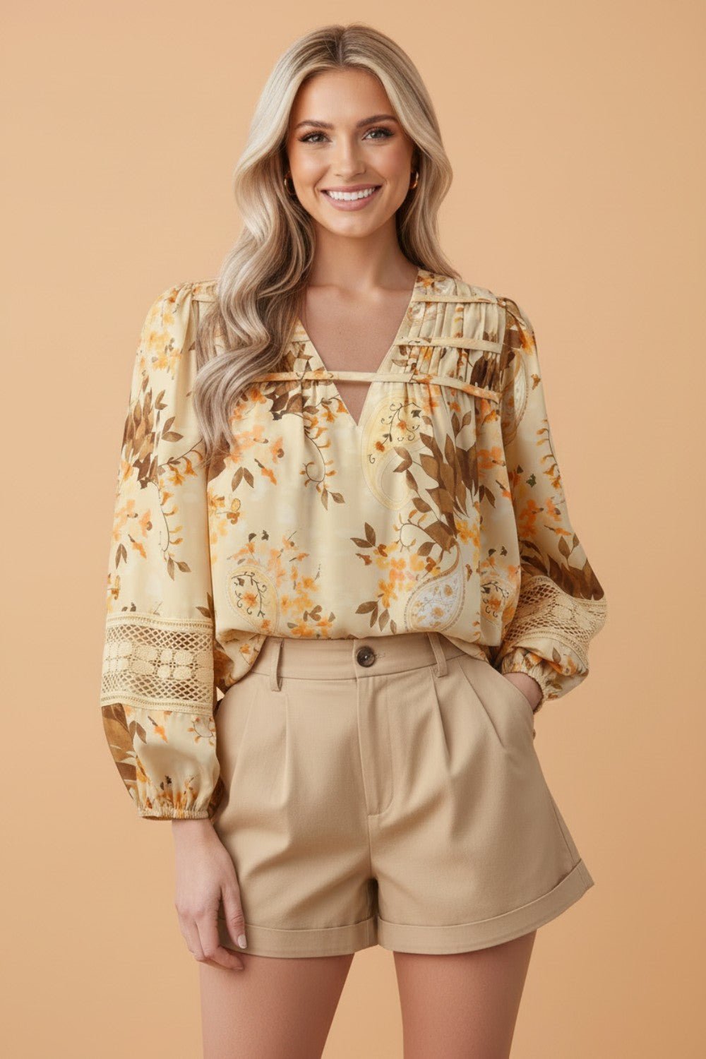 Paisley Lace Patchwork Long Sleeve V-Neck Blouse - Rooted & Reckless Co.