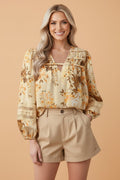 Paisley Lace Patchwork Long Sleeve V-Neck Blouse - Rooted & Reckless Co.