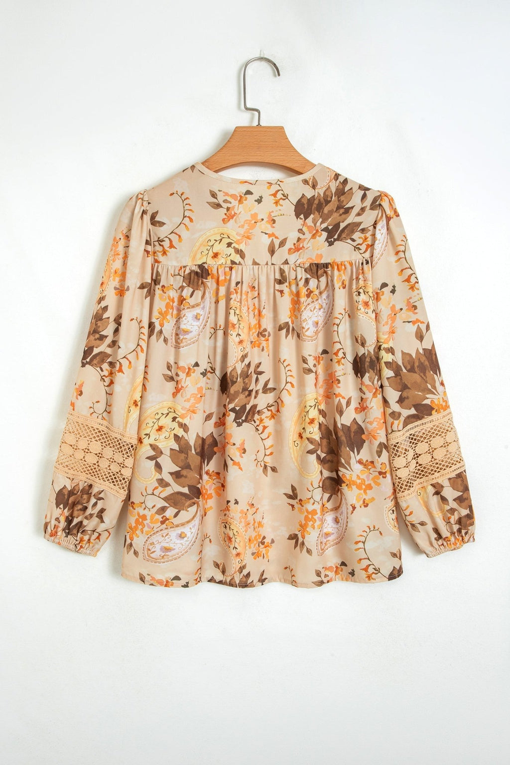 Paisley Lace Patchwork Long Sleeve V-Neck Blouse - Rooted & Reckless Co.