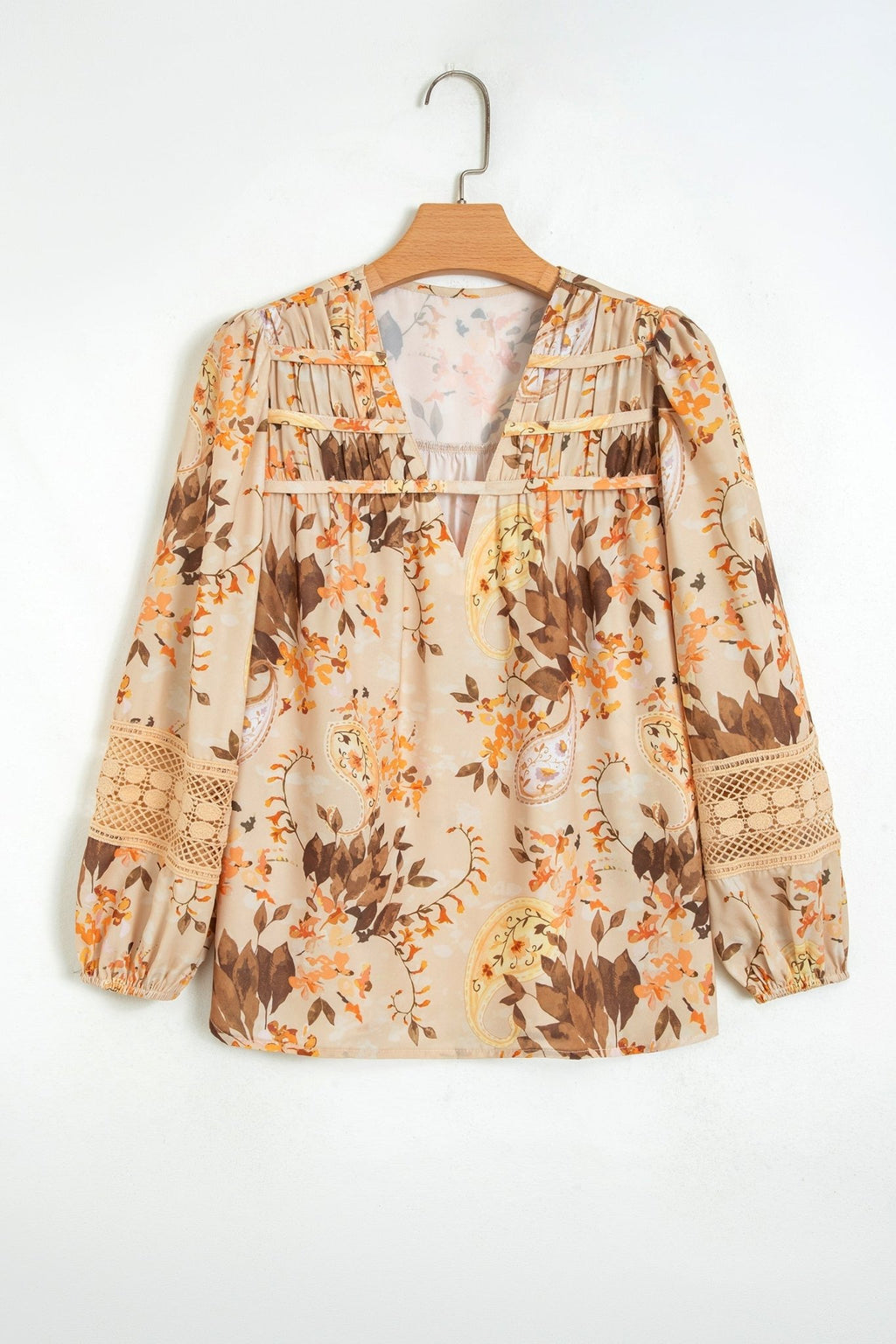 Paisley Lace Patchwork Long Sleeve V-Neck Blouse - Rooted & Reckless Co.