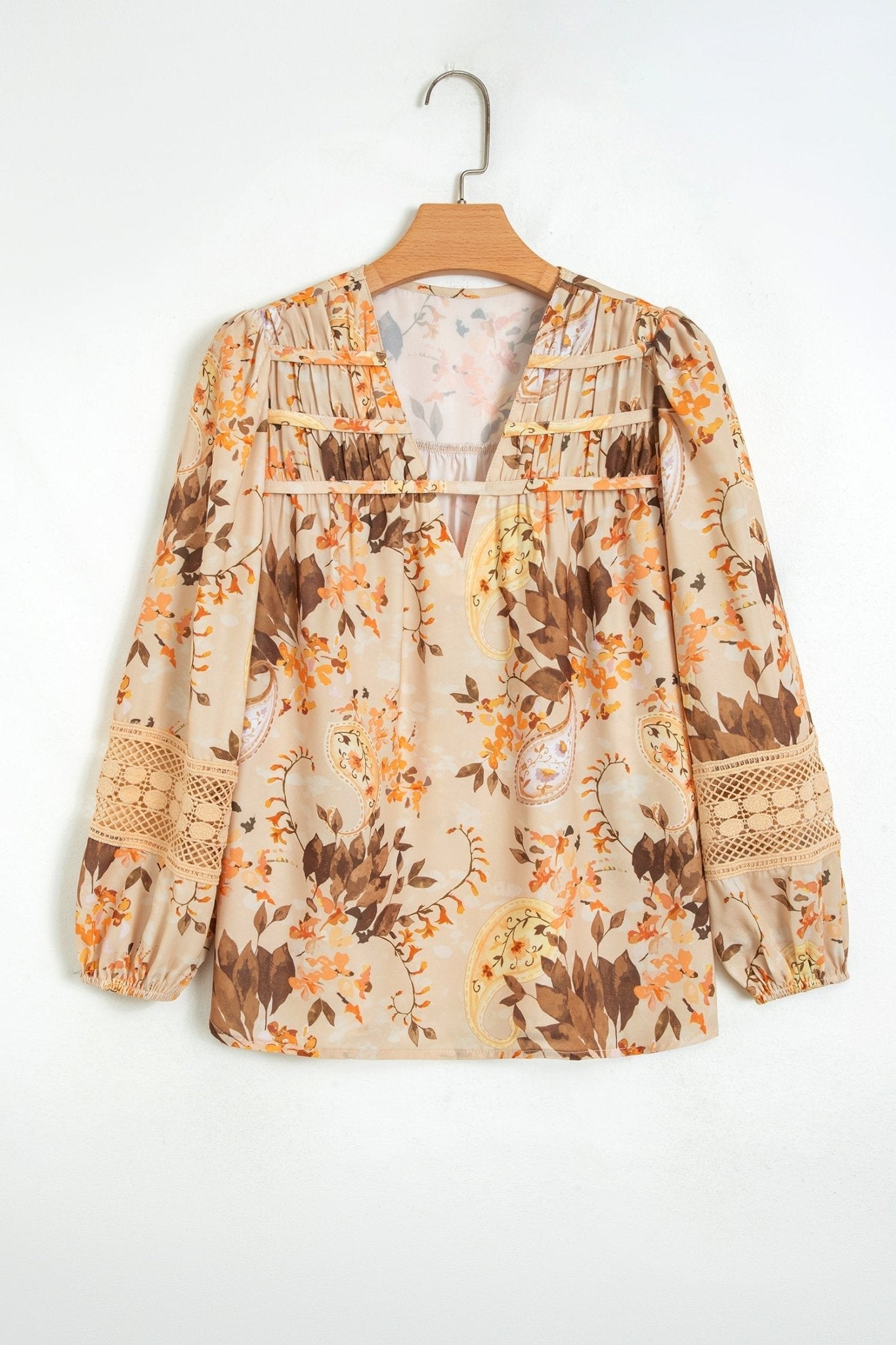 Paisley Lace Patchwork Long Sleeve V-Neck Blouse - Rooted & Reckless Co.