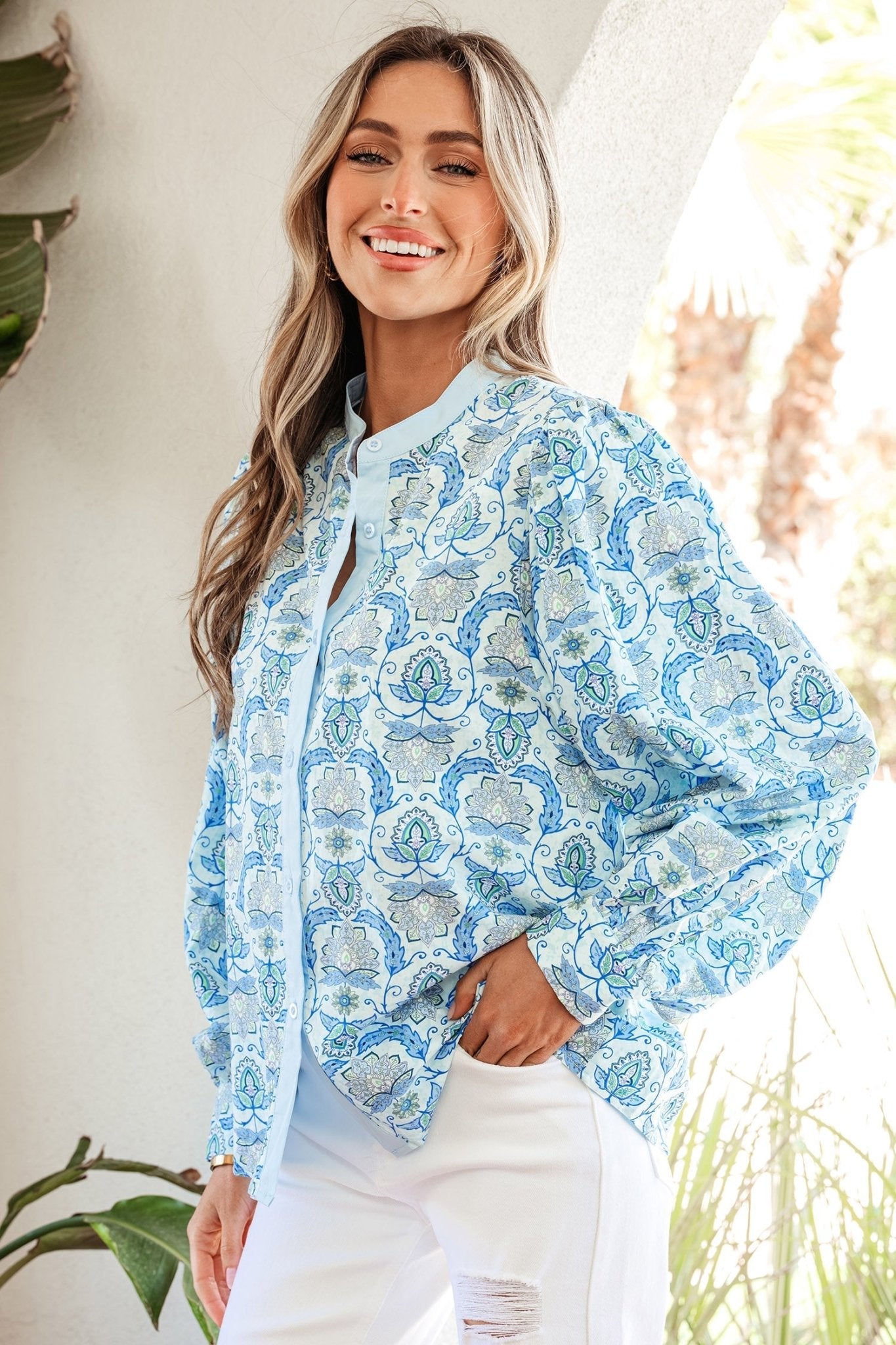 Paisley Long Puff Sleeve Buttoned Shirt - Rooted & Reckless Co.