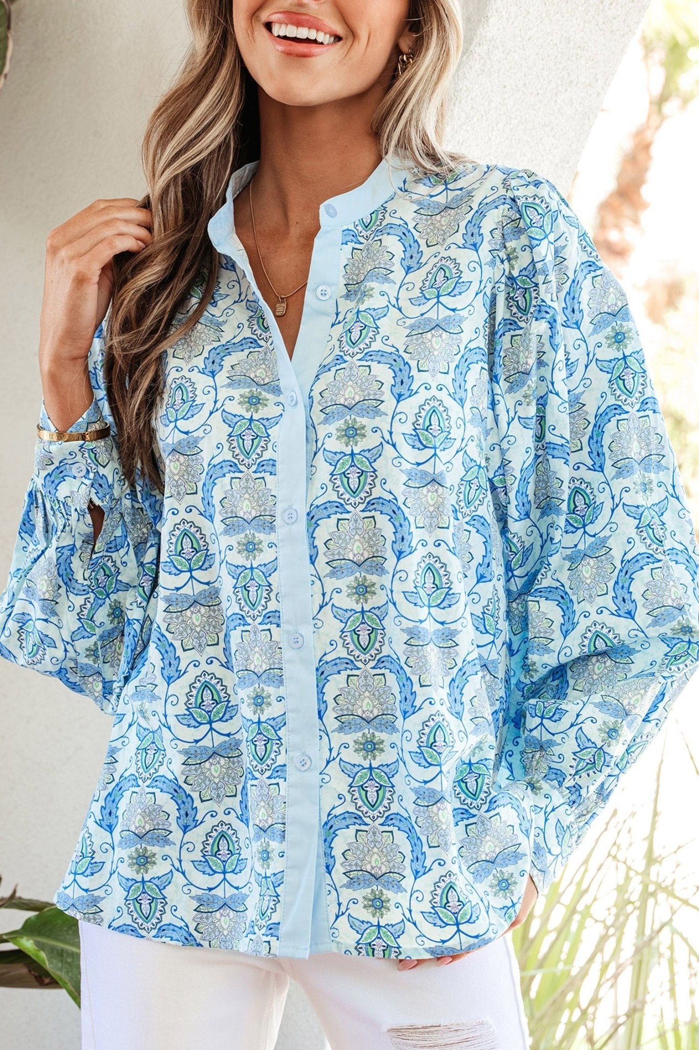 Paisley Long Puff Sleeve Buttoned Shirt - Rooted & Reckless Co.