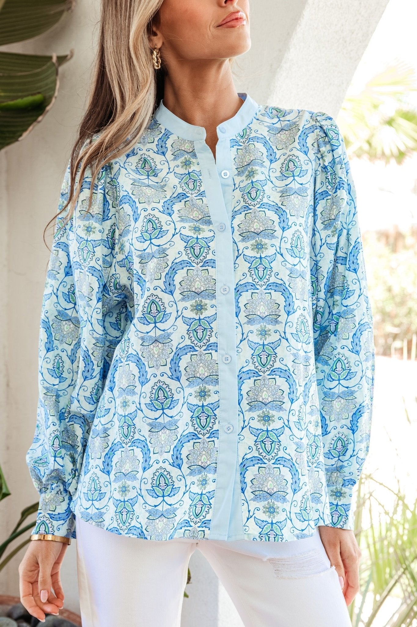 Paisley Long Puff Sleeve Buttoned Shirt - Rooted & Reckless Co.