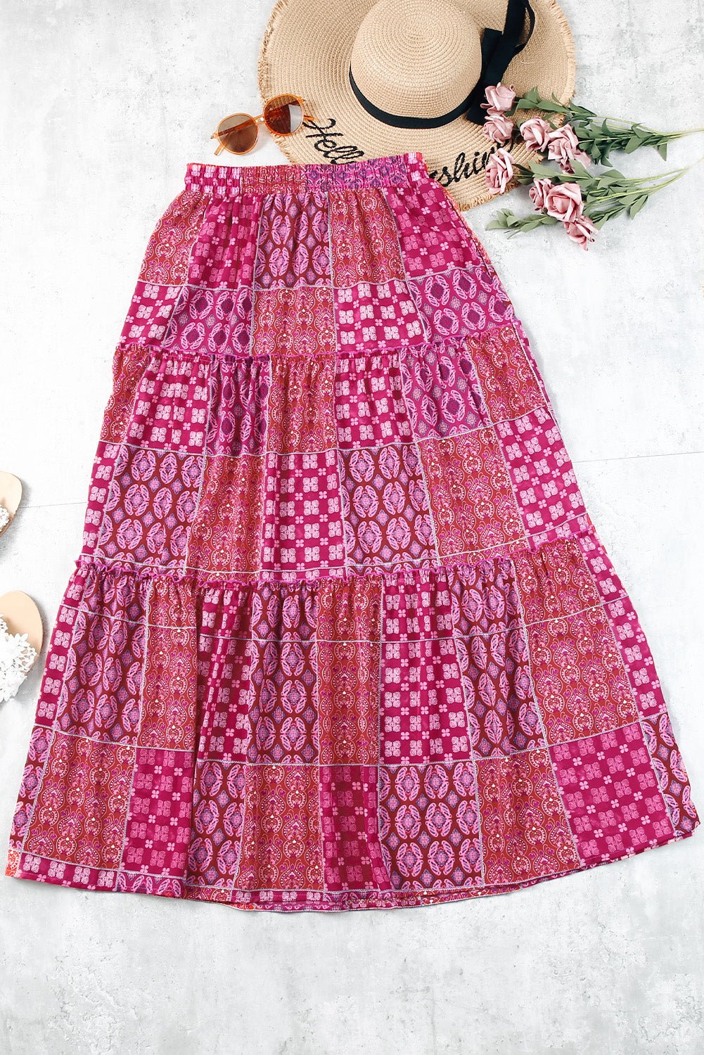 Paisley Ruffle Tiered Pocketed Maxi Skirt - Rooted & Reckless Co.