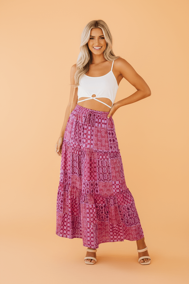 Paisley Ruffle Tiered Pocketed Maxi Skirt - Rooted & Reckless Co.