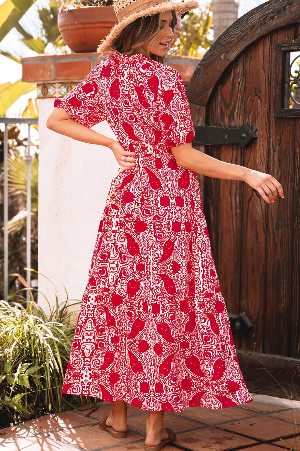Paisley Side Slit Puff Sleeve Maxi Dress - Rooted & Reckless Co.