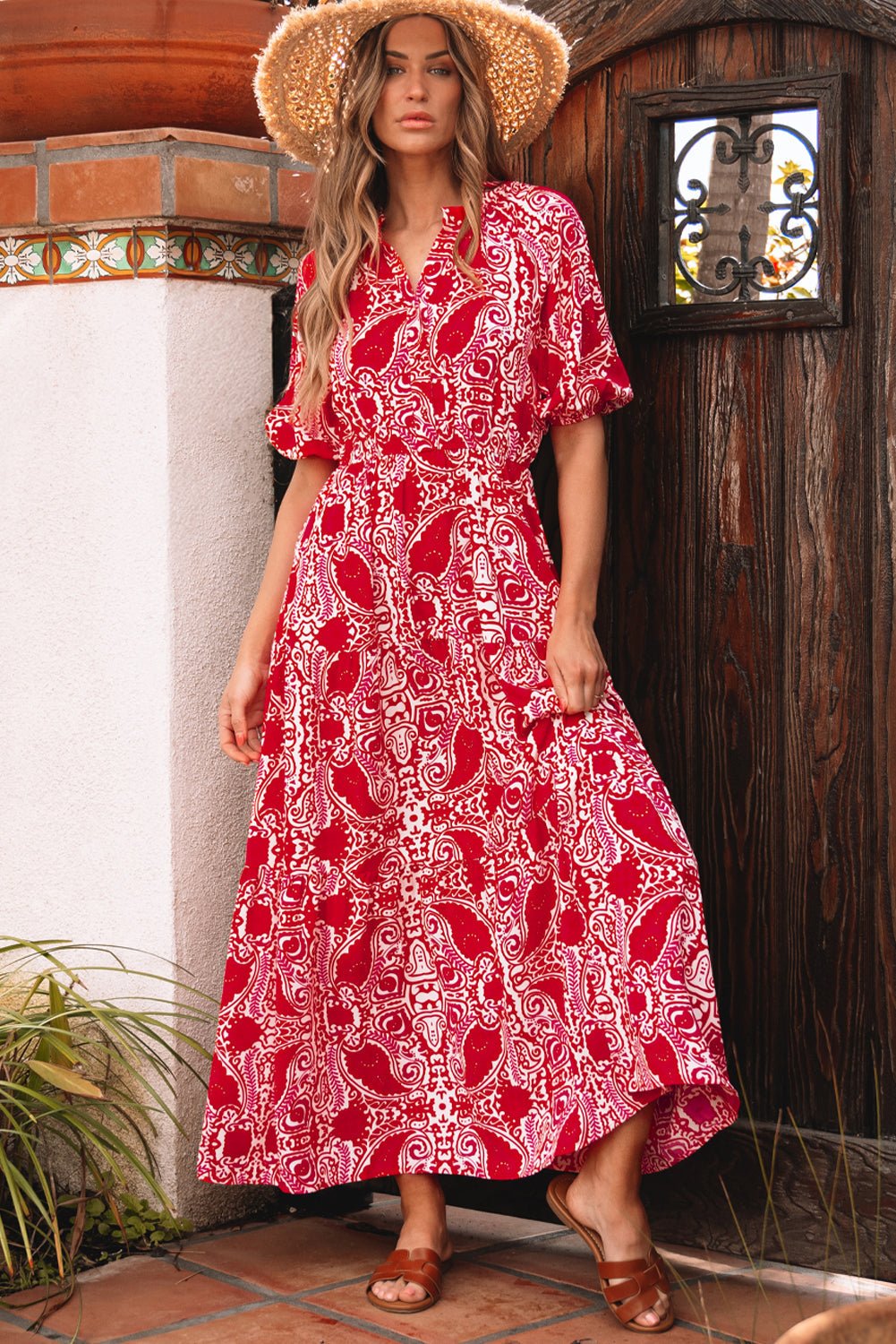 Paisley Side Slit Puff Sleeve Maxi Dress - Rooted & Reckless Co.