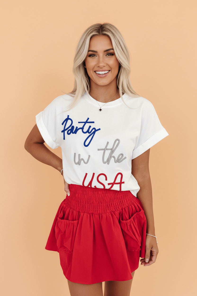 Party in the USA Cord Embroidered Graphic T-Shirt - Rooted & Reckless Co.